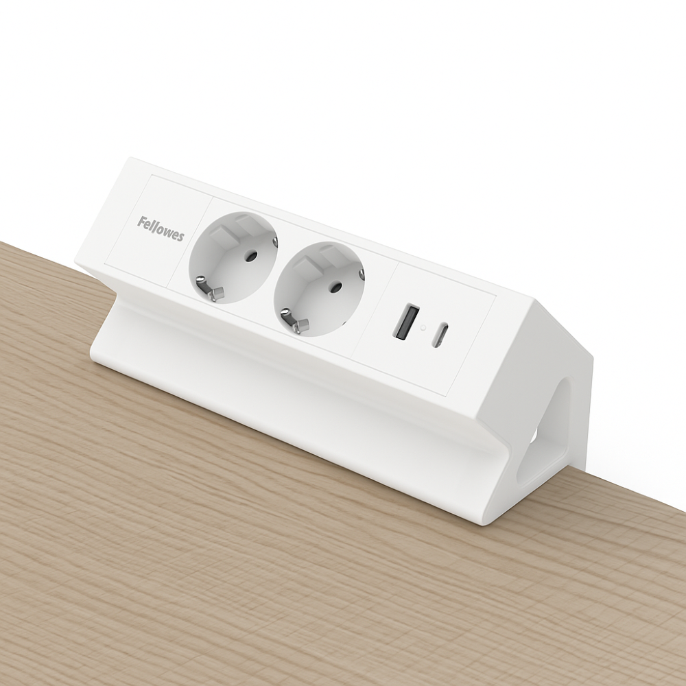 Filex Power Desk Up 2 0 2x 230 V met USB A en C Wit op het bureau