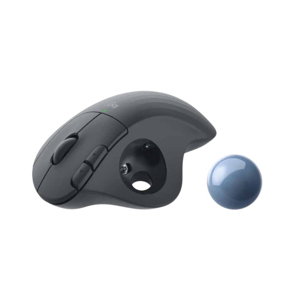 Logitech M575 trackball muis draadloos rechtshandig zwart met trackball naast de muis
