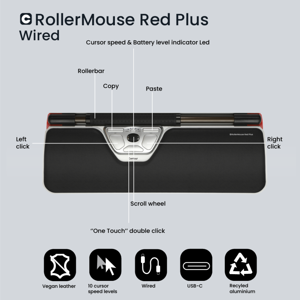 Centric mouse | Contour Rollermouse Red Plus | Black | Silver | Wired