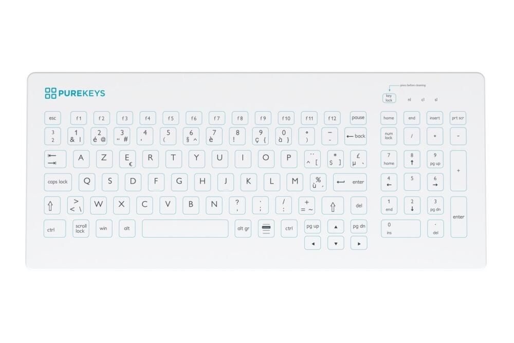 Bovenaanzicht van het Purekeys medisch toetsenbord Compact Fixed Angle BE Azerty wit met vlak oppervlak en numeriek gedeelte.