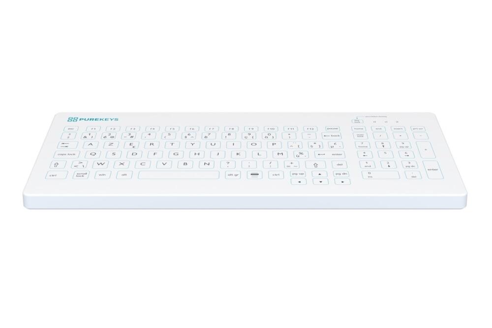 Vooraanzicht van het Purekeys medisch toetsenbord Compact Fixed Angle BE Azerty wit met vlak siliconen oppervlak en numeriek deel.