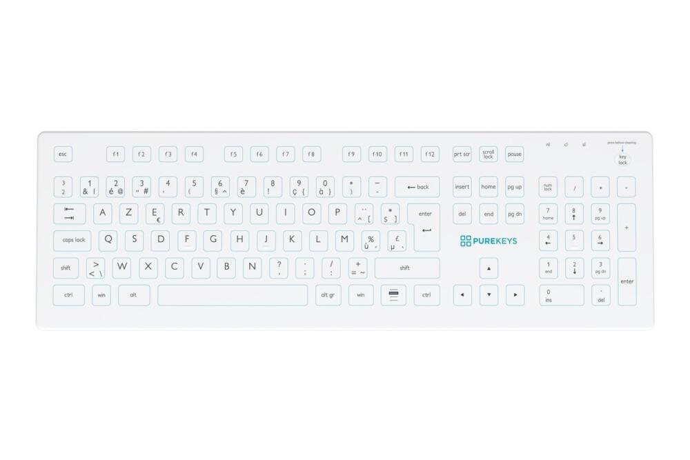 Bovenaanzicht van het Purekeys medisch toetsenbord draadloos BE Azerty wit met vlak oppervlak en Belgisch AZERTY-toetsenblok.