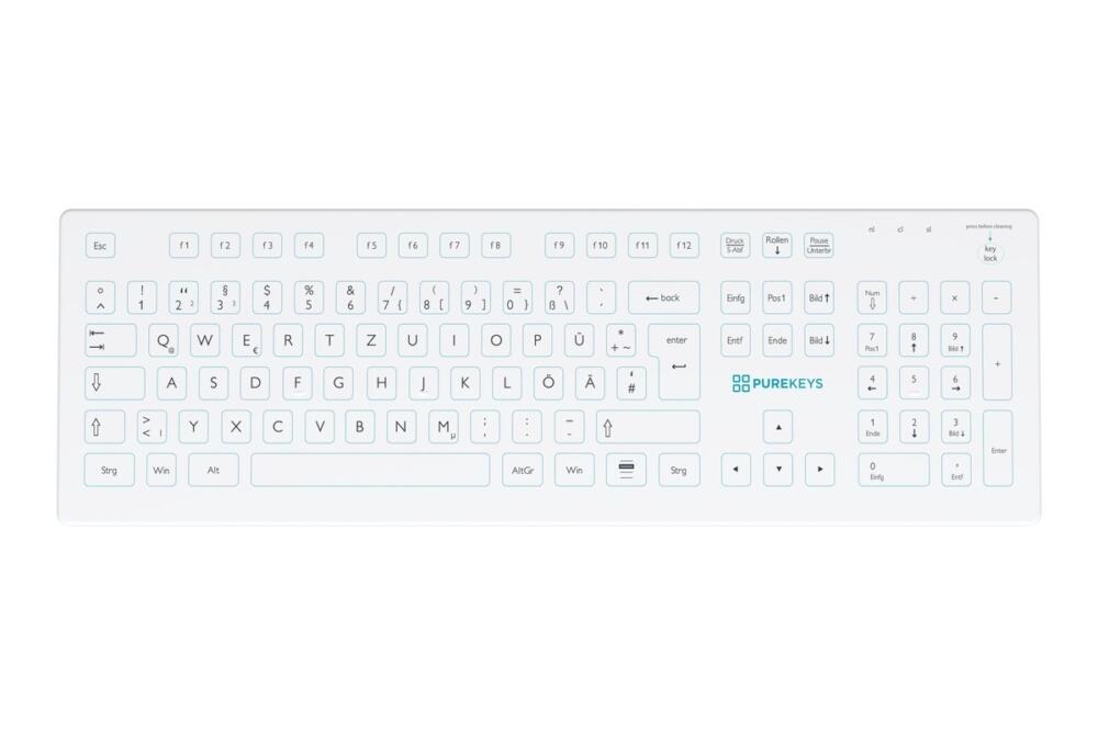 Bovenaanzicht van het Purekeys medisch toetsenbord draadloos DE wit met Duitse QWERTZ-indeling en numeriek toetsenblok.