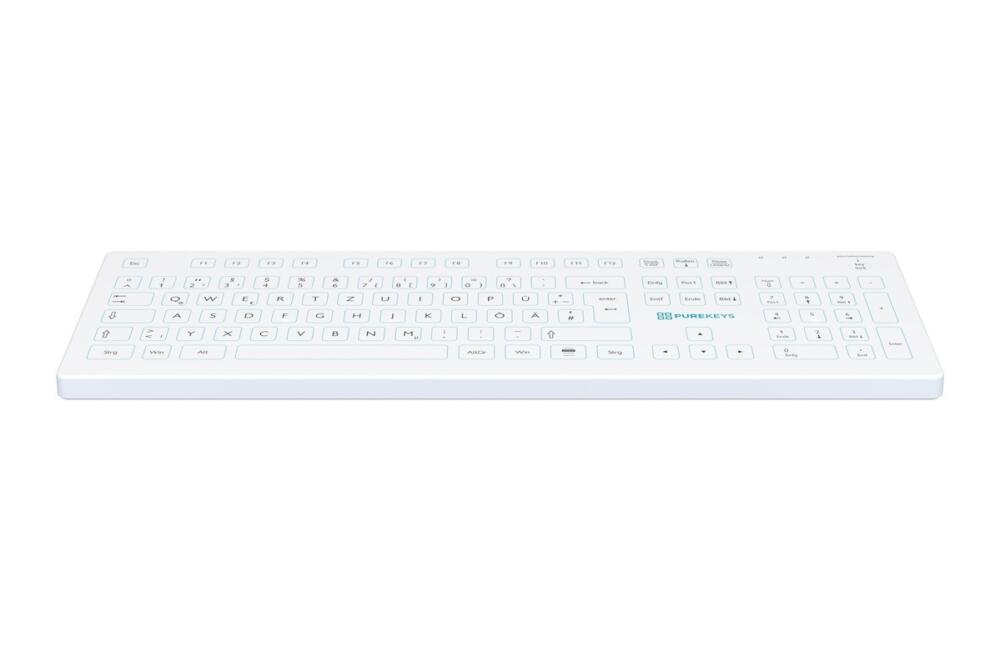 Vooraanzicht van het Purekeys medisch toetsenbord draadloos DE wit met vlak siliconen oppervlak en Duitse QWERTZ-indeling.