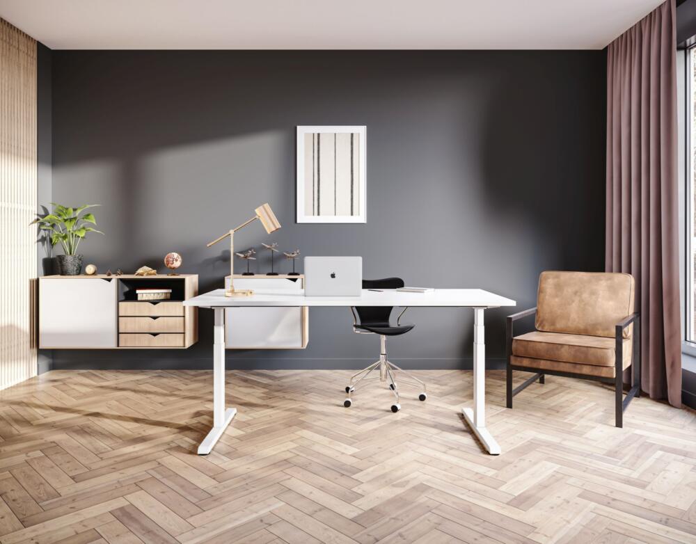 STEELFORCE 1050 Elektrisch Bureau Onderstel Wit met blad en bureaustoel in kantoorruimte