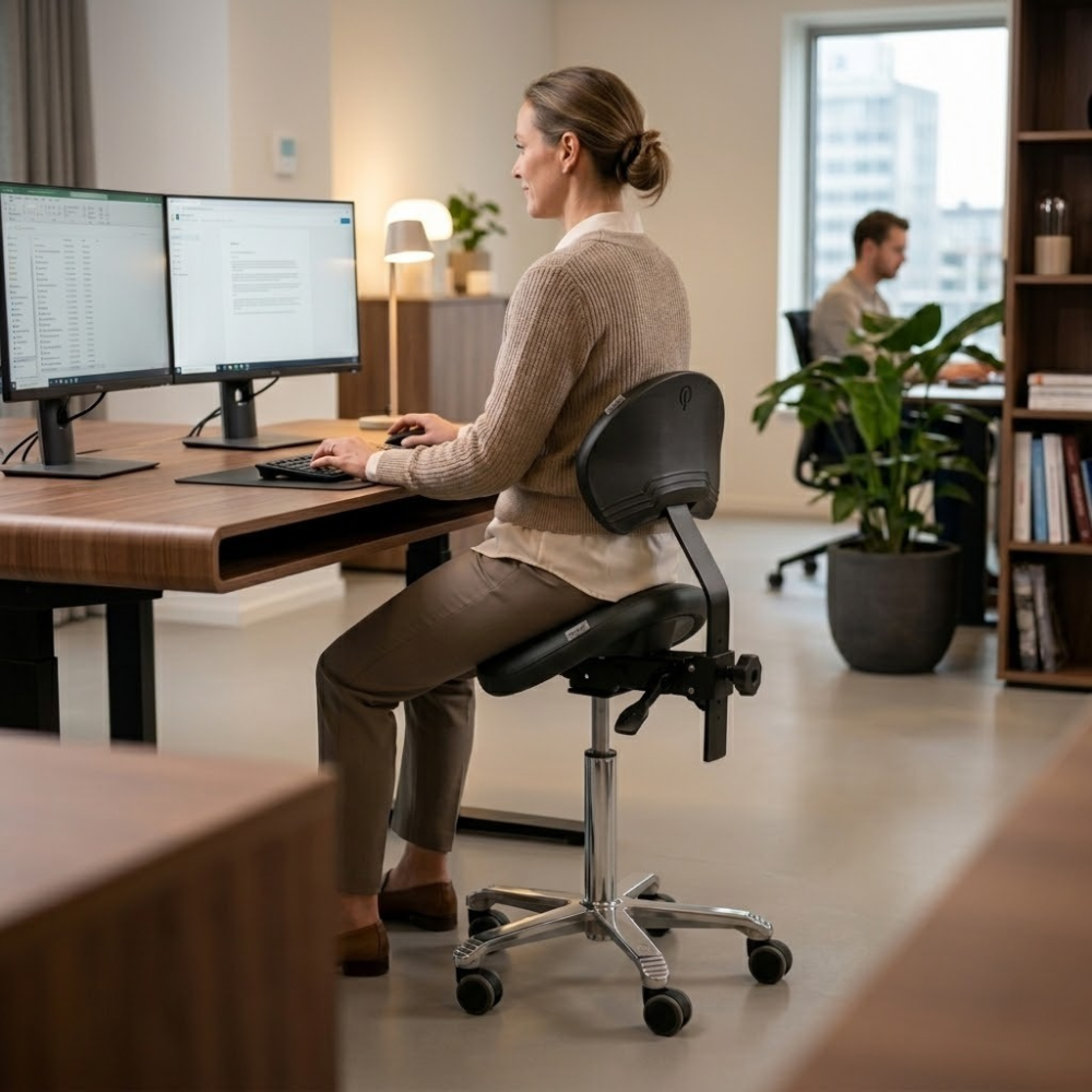 persoon op de Score Jumper Ergonomische Zadelkruk met Rugleuning Stamskin Zwart op kantoor