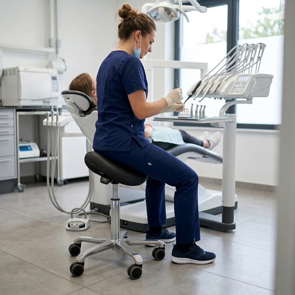 persoon op Score Jumper Ergonomische Zadelkruk Stamskin Zwart in tandartspraktijk