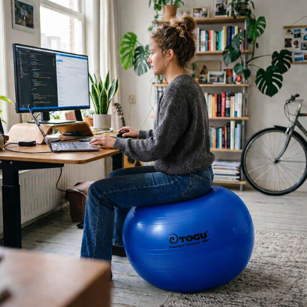Togu zitbal blauw gebruik bij een bureau