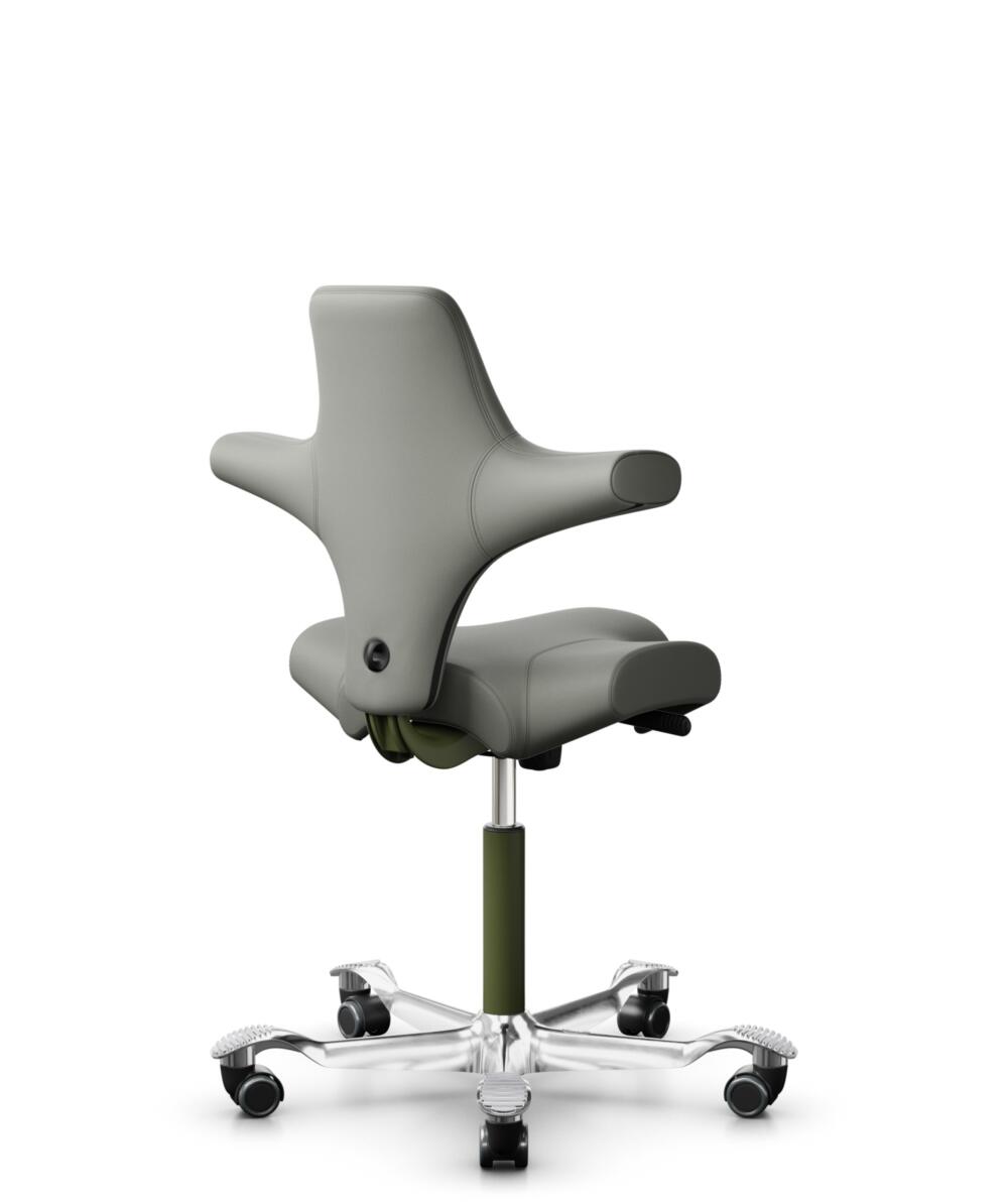 HÅG Capisco 8106 - Paloma Soft (Wollsdorf) - Semi-aniline Leder - PL55115 Warm grey - Framekleur - Moss Grey - Gasveer - 265 mm (Zithoogte 53-79cm) - Vloercontact - Harde wielen t.b.v. zachte vloeren - Voetenring - Nee, geen voetenring - Voetster - Ja,... - 1