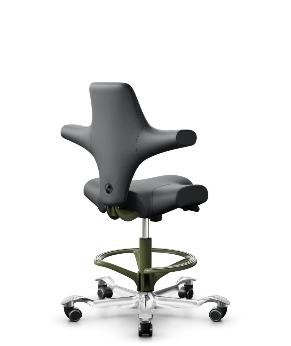 HÅG Capisco 8106 - Paloma Soft (Wollsdorf) - Semi-aniline Leder - PL55206 Grey - Framekleur - Moss Grey - Gasveer - 200 mm (Zithoogte 46-64cm) - Vloercontact - Zachte wielen t.b.v. harde vloeren - Voetenring - Ja, in framekleur - Voetster - Ja, voetste... - 2