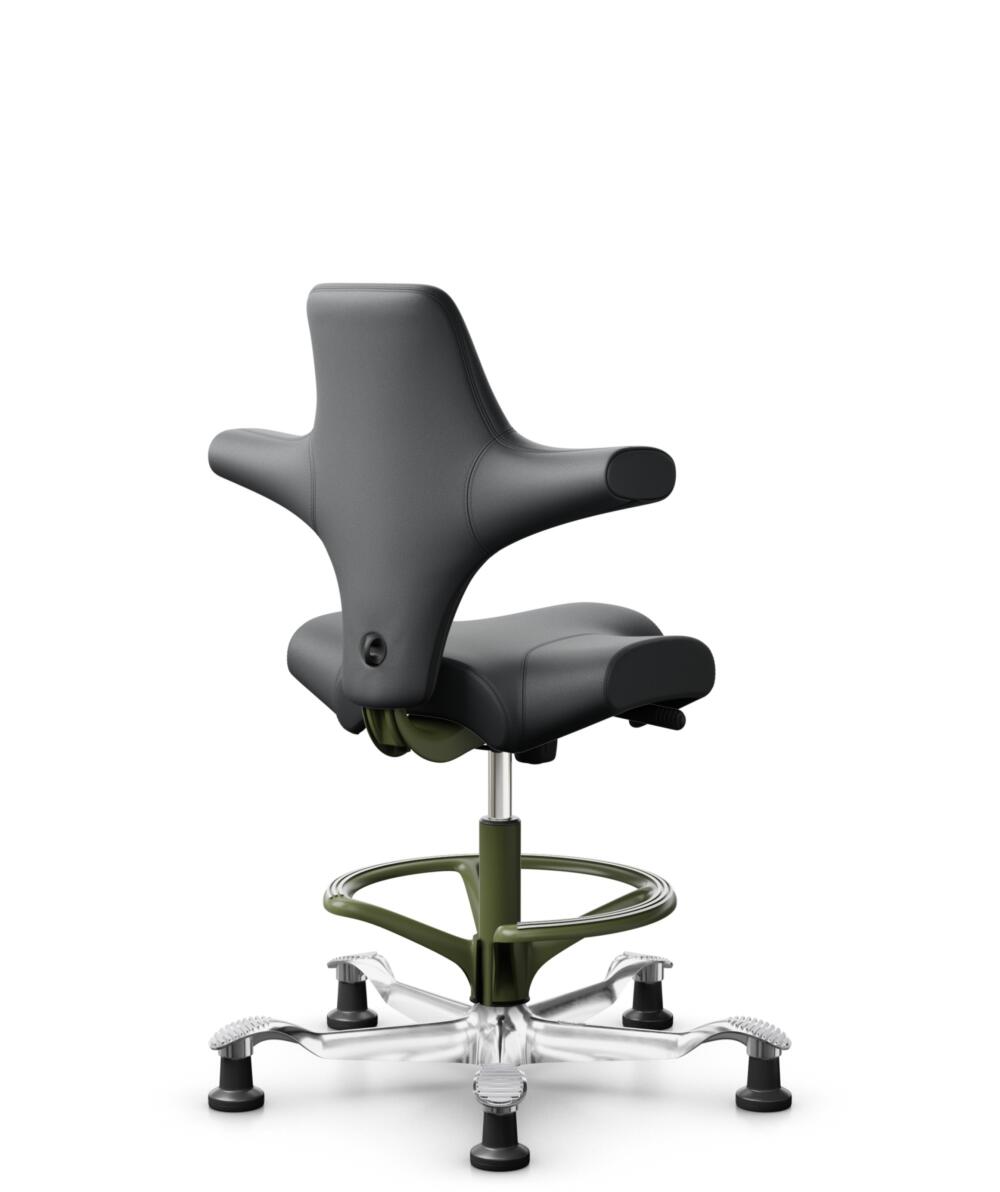 HÅG Capisco 8106 - Paloma Soft (Wollsdorf) - Semi-aniline Leder - PL55206 Grey - Framekleur - Moss Grey - Gasveer - 265 mm (Zithoogte 53-79cm) - Vloercontact - Glijdoppen - Voetenring - Ja, in framekleur - Voetster - Ja, voetster in gepolijst aluminium - 1