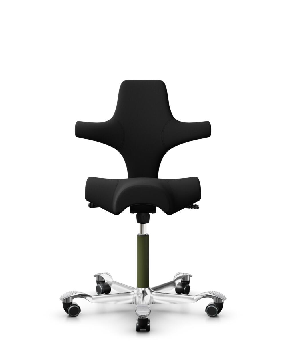 HÅG Capisco 8106 - Xtreme (Camira) - Gerecycled Polyester - EXR009 - Black - Framekleur - Moss Grey - Gasveer - 200 mm (Zithoogte 46-64cm) - Vloercontact - Harde wielen t.b.v. zachte vloeren - Voetenring - Nee, geen voetenring - Voetster - Ja, voetster... - 1