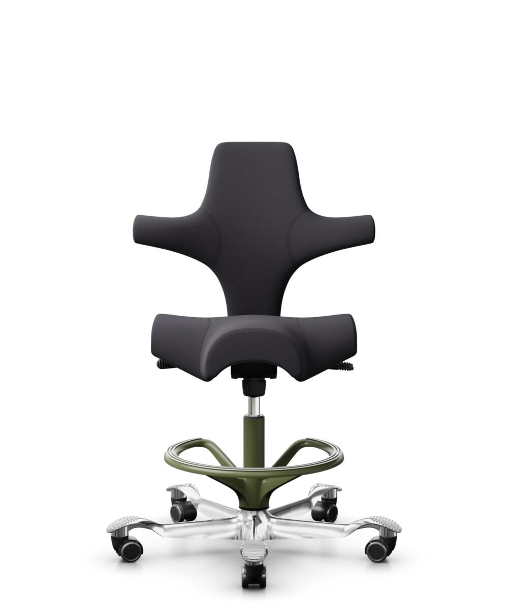 HÅG Capisco 8106 - Xtreme (Camira) - Gerecycled Polyester - EXR145 - Charcoal - Framekleur - Moss Grey - Gasveer - 265 mm (Zithoogte 53-79cm) - Vloercontact - Harde wielen t.b.v. zachte vloeren - Voetenring - Ja, in framekleur - Voetster - Ja, voetster... - 1