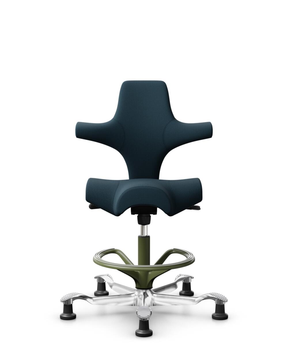 HÅG Capisco 8106 - Select (Gabriel) - Wol / Polyamide - SC66194 - Blue - Framekleur - Moss Grey - Gasveer - 200 mm (Zithoogte 46-64cm) - Vloercontact - Glijdoppen - Voetenring - Ja, in framekleur - Voetster - Ja, voetster in gepolijst aluminium - 1