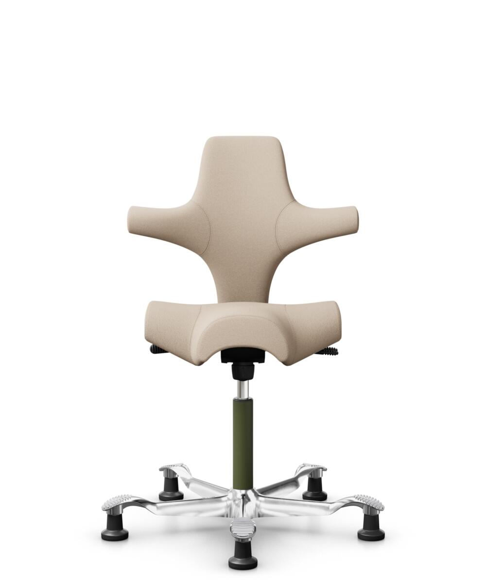 HÅG Capisco 8106 - Select (Gabriel) - Wol / Polyamide - SC61188 - Light beige - Framekleur - Moss Grey - Gasveer - 265 mm (Zithoogte 53-79cm) - Vloercontact - Glijdoppen - Voetenring - Nee, geen voetenring - Voetster - Ja, voetster in gepolijst aluminium - 1