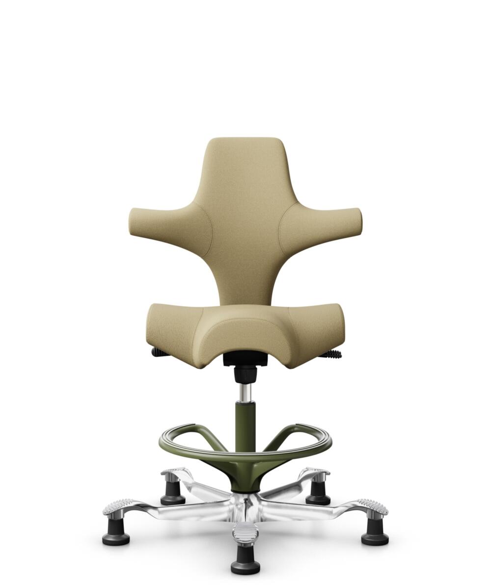 HÅG Capisco 8106 - Select (Gabriel) - Wol / Polyamide - SC62097 - Light ochre - Framekleur - Moss Grey - Gasveer - 265 mm (Zithoogte 53-79cm) - Vloercontact - Glijdoppen - Voetenring - Ja, in framekleur - Voetster - Ja, voetster in gepolijst aluminium - 3