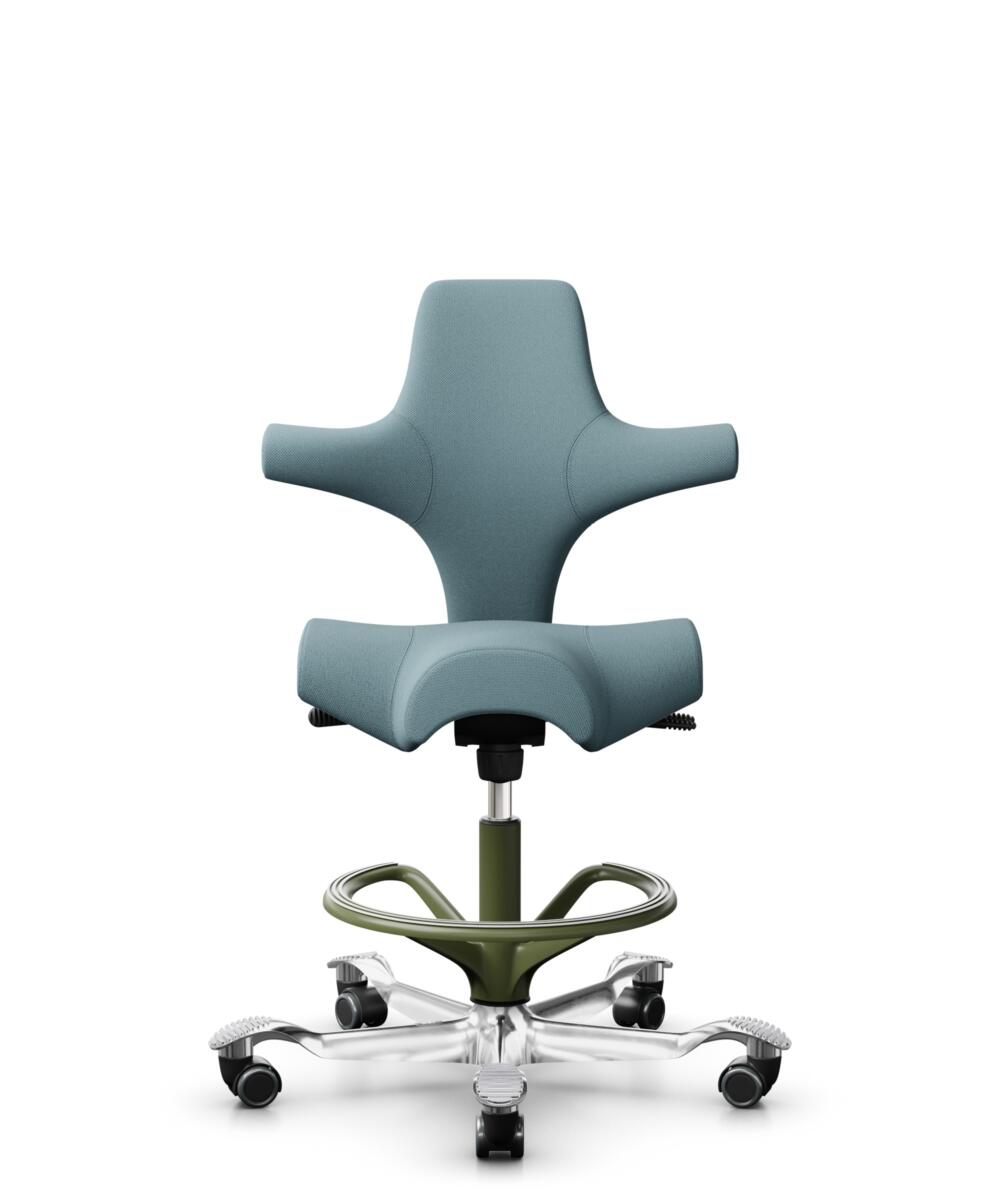 HÅG Capisco 8106 - Select (Gabriel) - Wol / Polyamide - SC67098 - Glacier blue - Framekleur - Moss Grey - Gasveer - 200 mm (Zithoogte 46-64cm) - Vloercontact - Zachte wielen t.b.v. harde vloeren - Voetenring - Ja, in framekleur - Voetster - Ja, voetste... - 3