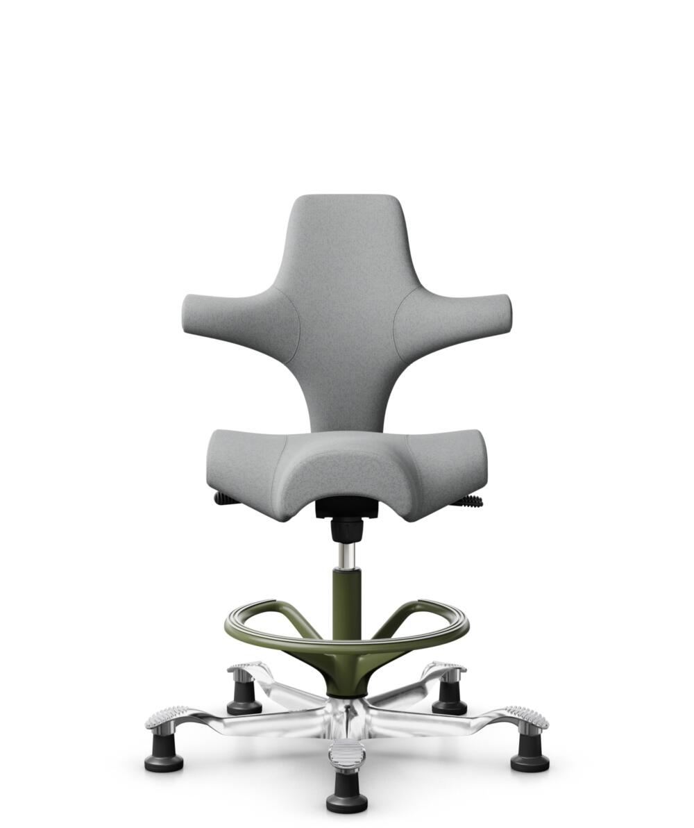 HÅG Capisco 8106 - Capture (Gabriel) - Wol / Polyamide - CPT4102 - Light grey - Framekleur - Moss Grey - Gasveer - 200 mm (Zithoogte 46-64cm) - Vloercontact - Glijdoppen - Voetenring - Ja, in framekleur - Voetster - Ja, voetster in gepolijst aluminium - 3
