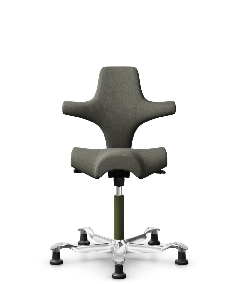 HÅG Capisco 8106 - Capture (Gabriel) - Wol / Polyamide - CPT4401 - Warm grey - Framekleur - Moss Grey - Gasveer - 200 mm (Zithoogte 46-64cm) - Vloercontact - Glijdoppen - Voetenring - Nee, geen voetenring - Voetster - Ja, voetster in gepolijst aluminium - 3