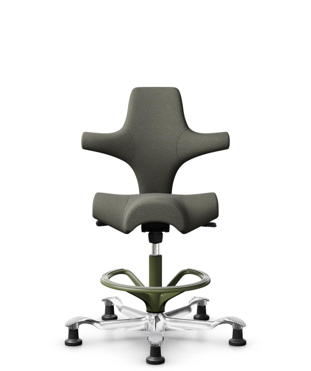 HÅG Capisco 8106 - Capture (Gabriel) - Wol / Polyamide - CPT4401 - Warm grey - Framekleur - Moss Grey - Gasveer - 265 mm (Zithoogte 53-79cm) - Vloercontact - Glijdoppen - Voetenring - Ja, in framekleur - Voetster - Ja, voetster in gepolijst aluminium - 1