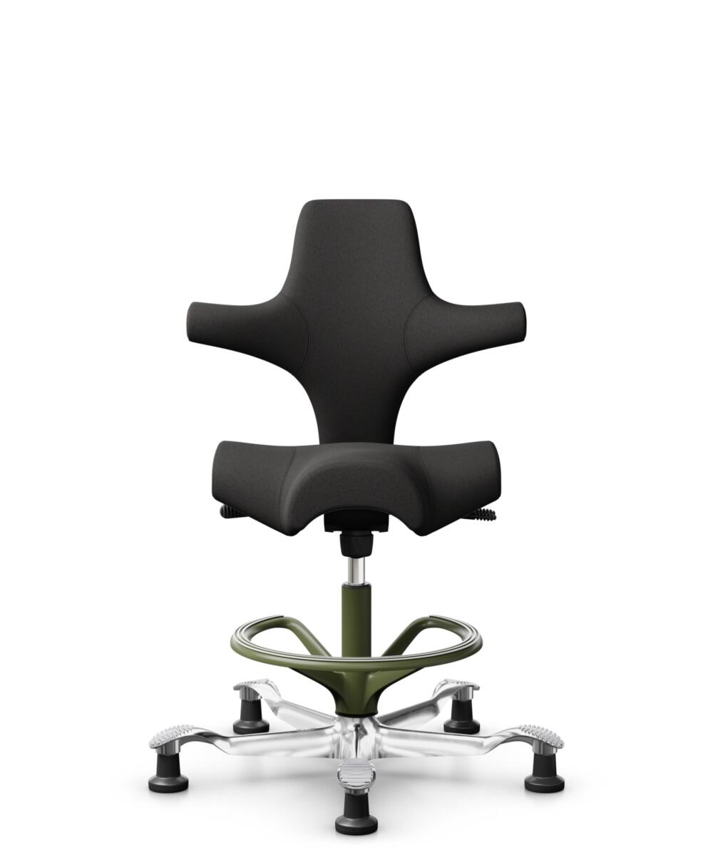 HÅG Capisco 8106 - Capture (Gabriel) - Wol / Polyamide - CPT5501 - Charcoal - Framekleur - Moss Grey - Gasveer - 265 mm (Zithoogte 53-79cm) - Vloercontact - Glijdoppen - Voetenring - Ja, in framekleur - Voetster - Ja, voetster in gepolijst aluminium - 3
