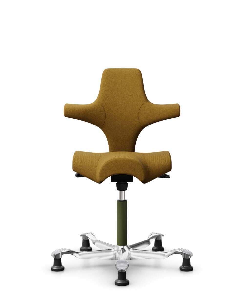 HÅG Capisco 8106 - Capture (Gabriel) - Wol / Polyamide - CPT6401 - Ochre - Framekleur - Moss Grey - Gasveer - 150 mm (Zithoogte 40-55cm) - Vloercontact - Glijdoppen - Voetenring - Nee, geen voetenring - Voetster - Ja, voetster in gepolijst aluminium - 1