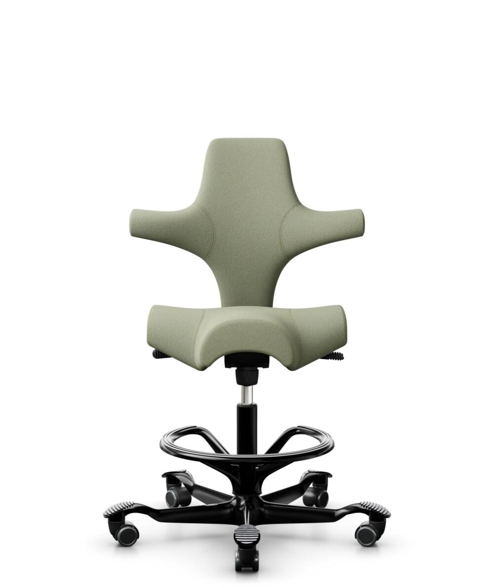 HÅG Capisco 8106 - Capture (Gabriel) - Wol / Polyamide - CPT5101 - Green-grey - Framekleur - Zwart - Gasveer - 200 mm (Zithoogte 46-64cm) - Vloercontact - Zachte wielen t.b.v. harde vloeren - Voetenring - Ja, in framekleur - Voetster - Nee, voetster in... - 3