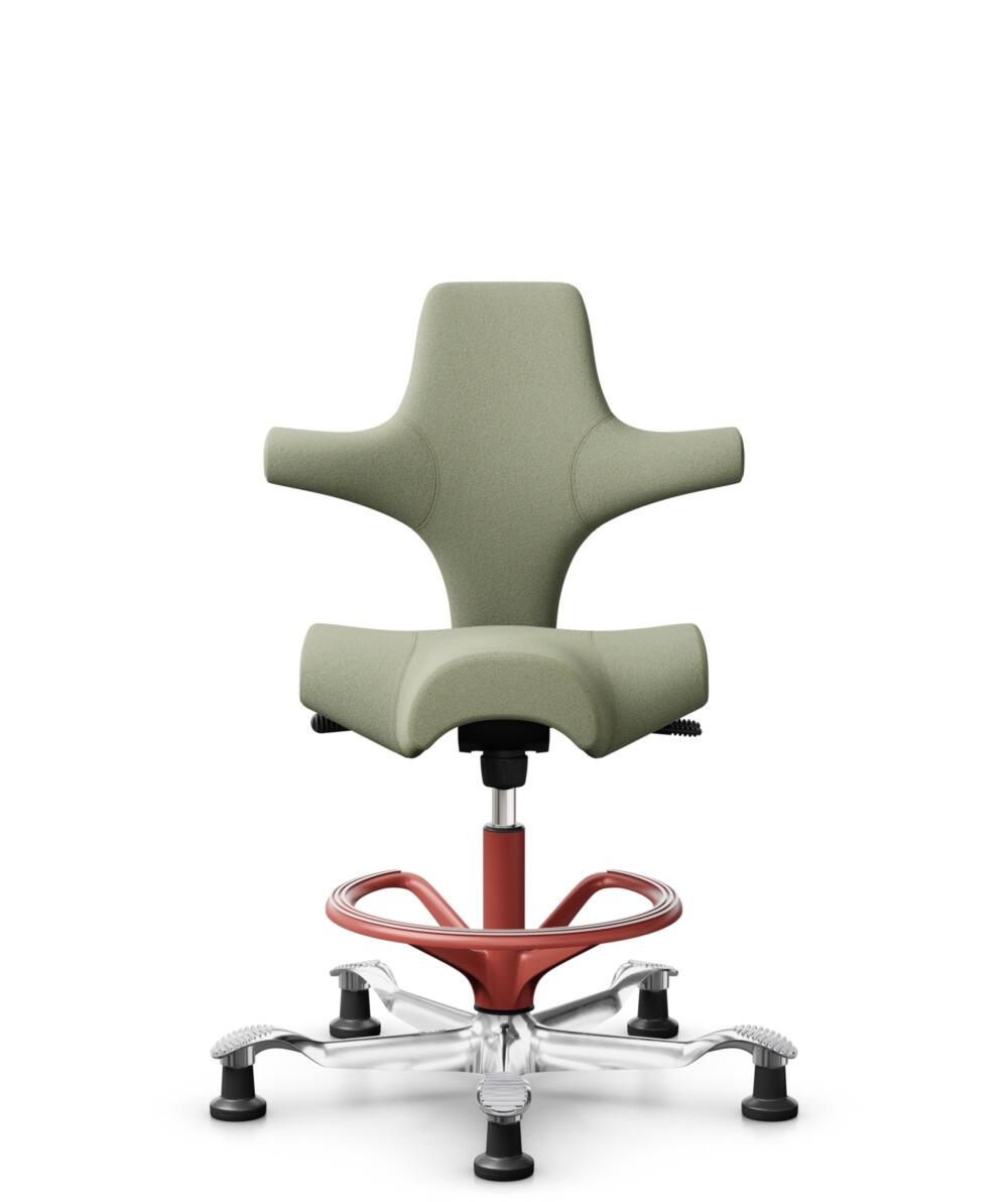 HÅG Capisco 8106 - Capture (Gabriel) - Wol / Polyamide - CPT5101 - Green-grey - Framekleur - Blush Rose - Gasveer - 200 mm (Zithoogte 46-64cm) - Vloercontact - Glijdoppen - Voetenring - Ja, in framekleur - Voetster - Ja, voetster in gepolijst aluminium - 1