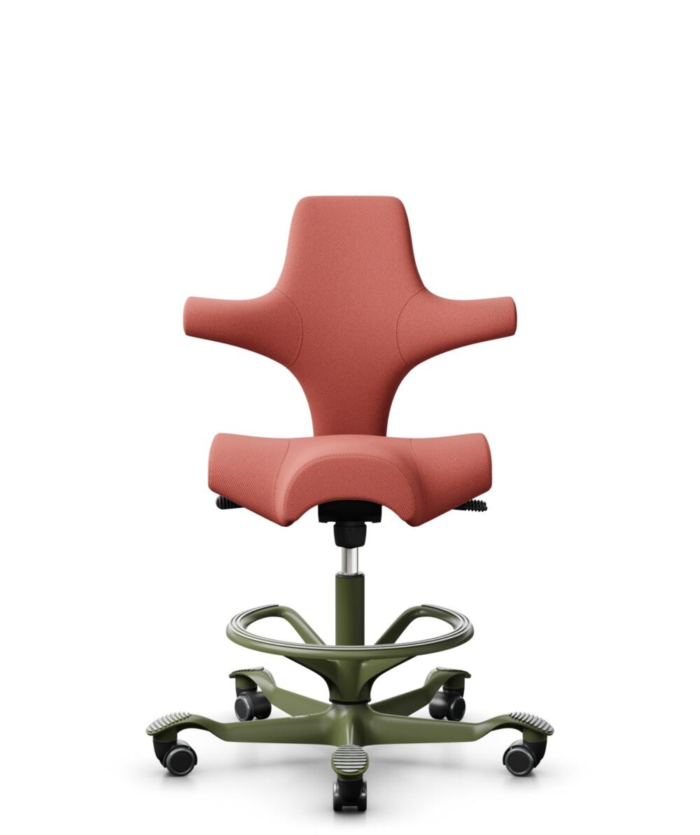 HÅG Capisco 8106 - Oceanic (Camira) - Gerecycled Polyester - OCI012 - Orange-red - Framekleur - Moss Grey - Gasveer - 265 mm (Zithoogte 53-79cm) - Vloercontact - Zachte wielen t.b.v. harde vloeren - Voetenring - Ja, in framekleur - Voetster - Nee, voet... - 1