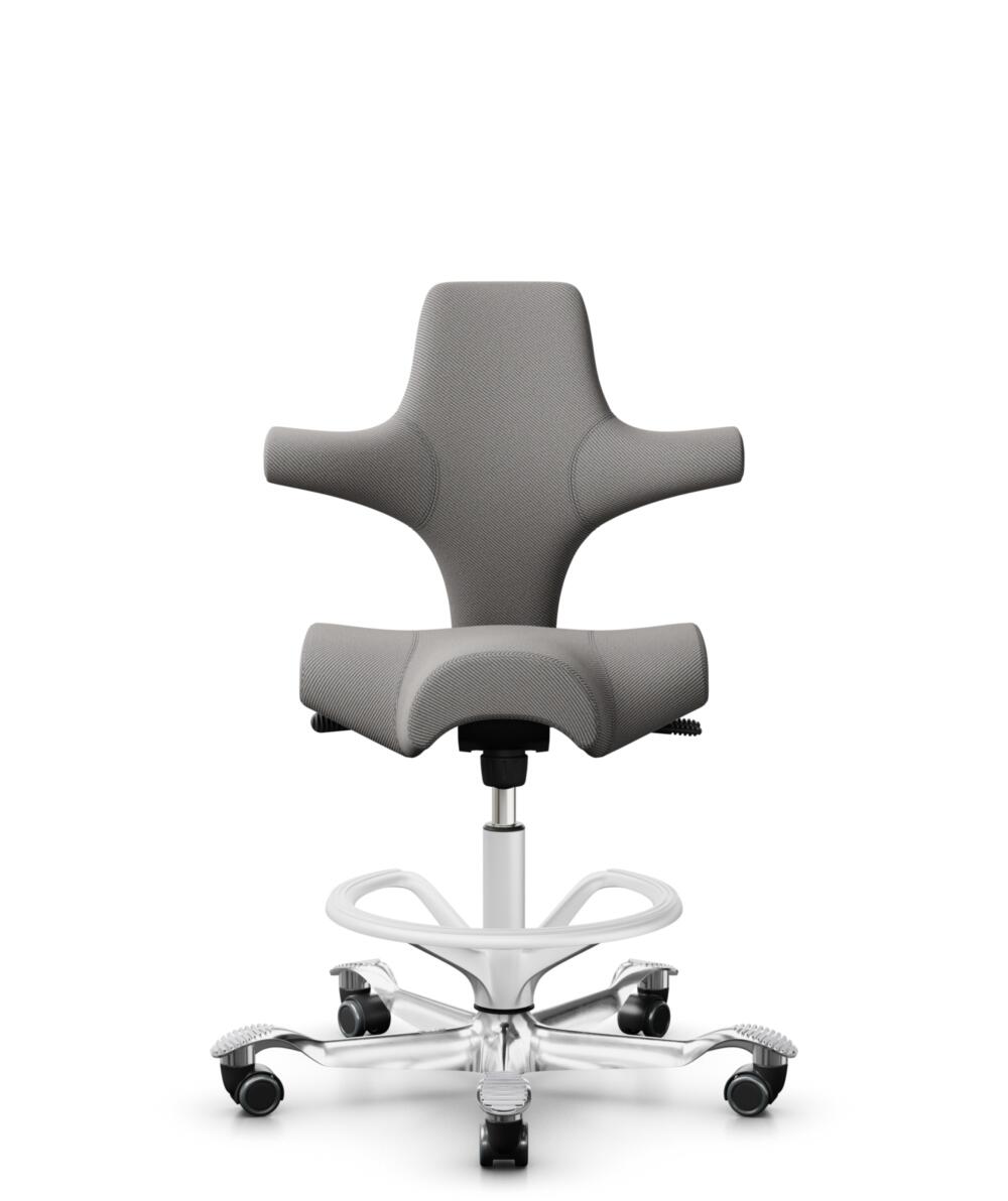 HÅG Capisco 8106 - Oceanic (Camira) - Gerecycled Polyester - OCI008 - Warm grey - Framekleur - Wit - Gasveer - 265 mm (Zithoogte 53-79cm) - Vloercontact - Harde wielen t.b.v. zachte vloeren - Voetenring - Ja, in framekleur - Voetster - Ja, voetster in ... - 1