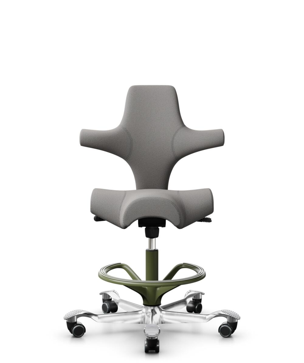 HÅG Capisco 8106 - Oceanic (Camira) - Gerecycled Polyester - OCI008 - Warm grey - Framekleur - Moss Grey - Gasveer - 200 mm (Zithoogte 46-64cm) - Vloercontact - Harde wielen t.b.v. zachte vloeren - Voetenring - Ja, in framekleur - Voetster - Ja, voetst... - 1