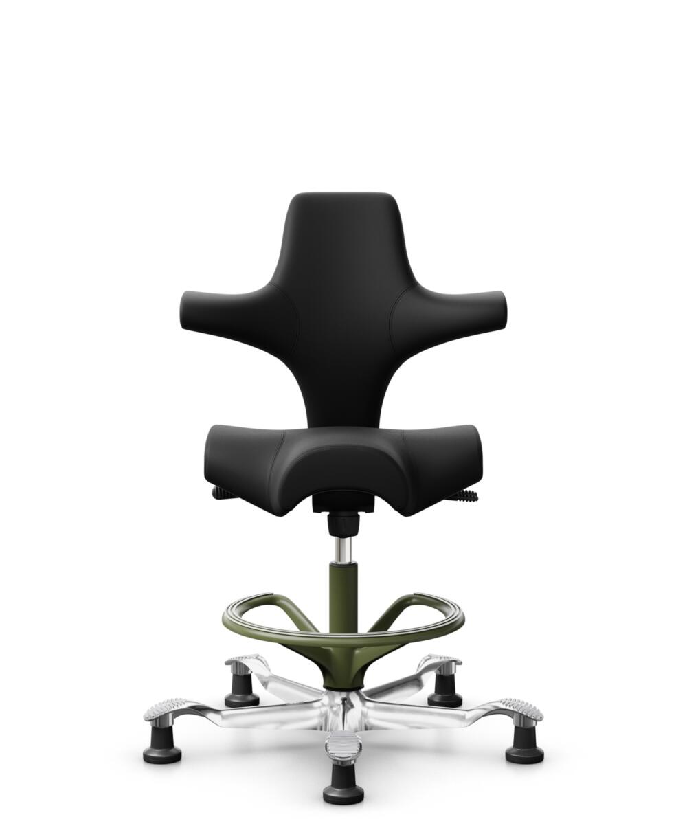HÅG Capisco 8106 - Illusion 3.0 (Nevotex) - Polyurethaan Kunstleer - ILU3110 - Black - Framekleur - Moss Grey - Gasveer - 265 mm (Zithoogte 53-79cm) - Vloercontact - Glijdoppen - Voetenring - Ja, in framekleur - Voetster - Ja, voetster in gepolijst alu... - 1