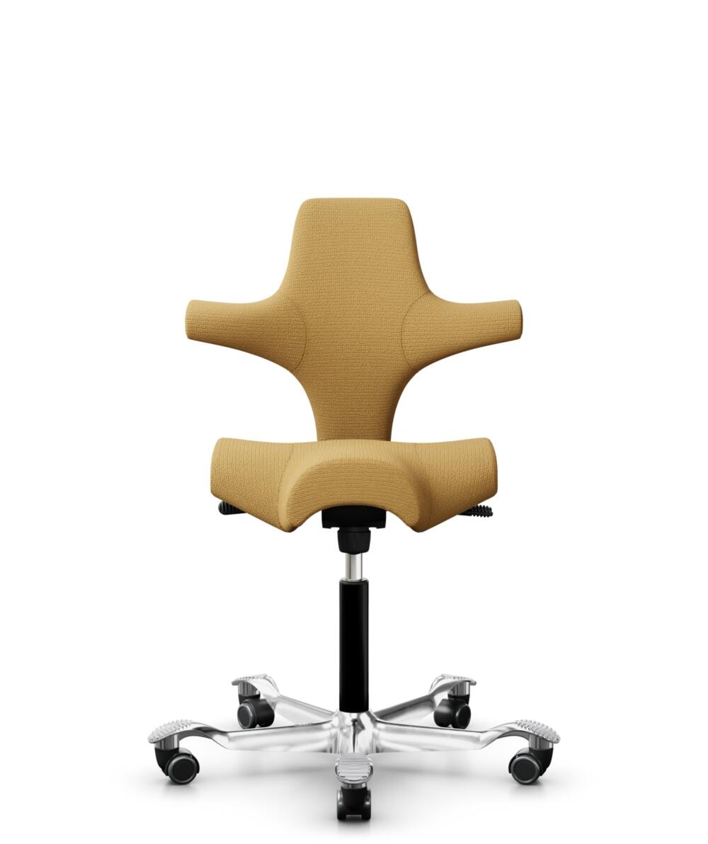 HÅG Capisco 8106 - Sirdal (GU) - Wol - SRD320 - Ochre - Framekleur - Zwart - Gasveer - 200 mm (Zithoogte 46-64cm) - Vloercontact - Harde wielen t.b.v. zachte vloeren - Voetenring - Nee, geen voetenring - Voetster - Ja, voetster in gepolijst aluminium - 1