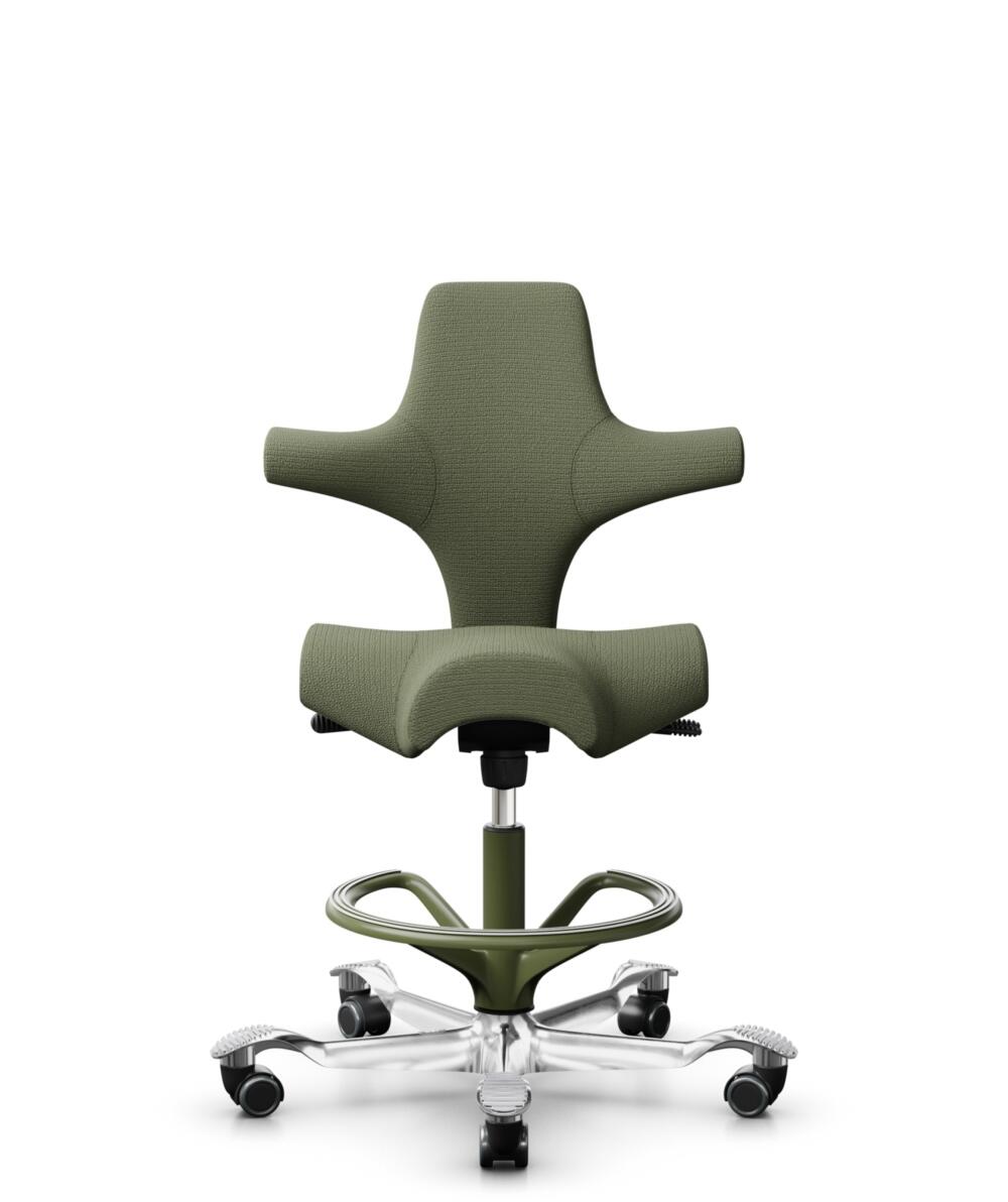 HÅG Capisco 8106 - Sirdal (GU) - Wol - SRD960 - Green - Framekleur - Moss Grey - Gasveer - 200 mm (Zithoogte 46-64cm) - Vloercontact - Zachte wielen t.b.v. harde vloeren - Voetenring - Ja, in framekleur - Voetster - Ja, voetster in gepolijst aluminium - 1