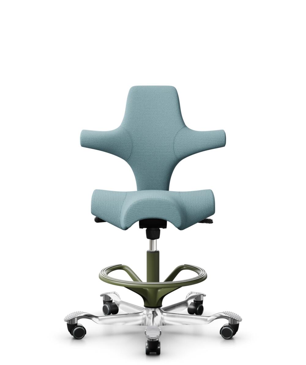 HÅG Capisco 8106 - Sirdal (GU) - Wol - SRD730 Blue - Framekleur - Moss Grey - Gasveer - 265 mm (Zithoogte 53-79cm) - Vloercontact - Zachte wielen t.b.v. harde vloeren - Voetenring - Ja, in framekleur - Voetster - Ja, voetster in gepolijst aluminium - 1