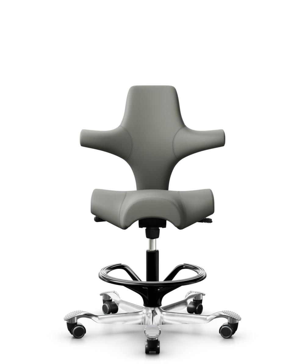 HÅG Capisco 8106 - Paloma Soft (Wollsdorf) - Semi-aniline Leder - PL55115 Warm grey - Framekleur - Zwart - Gasveer - 265 mm (Zithoogte 53-79cm) - Vloercontact - Harde wielen t.b.v. zachte vloeren - Voetenring - Ja, in framekleur - Voetster - Ja, voetst... - 2