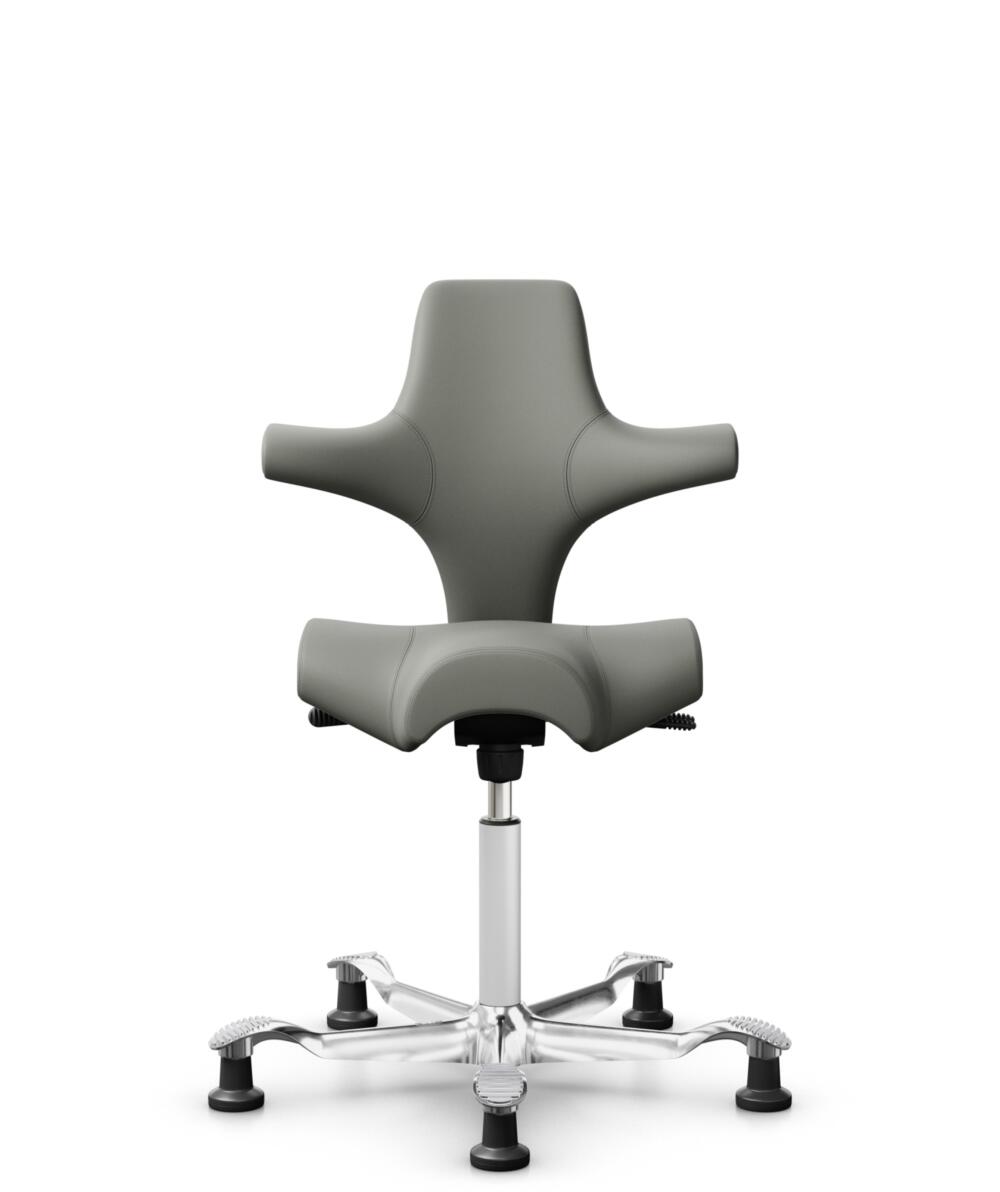 HÅG Capisco 8106 - Paloma Soft (Wollsdorf) - Semi-aniline Leder - PL55115 Warm grey - Framekleur - Wit - Gasveer - 265 mm (Zithoogte 53-79cm) - Vloercontact - Glijdoppen - Voetenring - Nee, geen voetenring - Voetster - Ja, voetster in gepolijst aluminium - 3