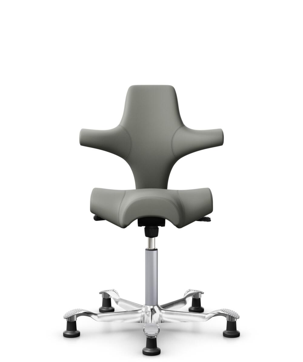 HÅG Capisco 8106 - Paloma Soft (Wollsdorf) - Semi-aniline Leder - PL55115 Warm grey - Framekleur - Zilver - Gasveer - 200 mm (Zithoogte 46-64cm) - Vloercontact - Glijdoppen - Voetenring - Nee, geen voetenring - Voetster - Ja, voetster in gepolijst alum... - 1