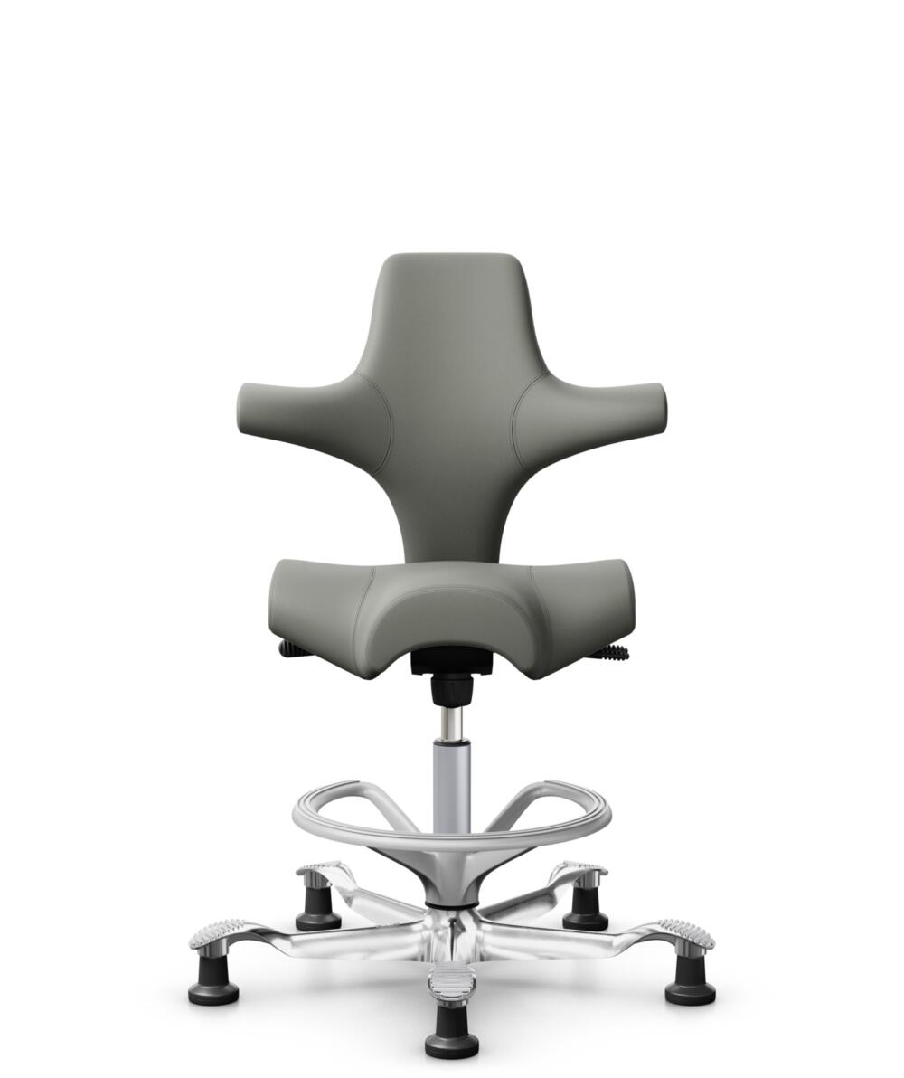 HÅG Capisco 8106 - Paloma Soft (Wollsdorf) - Semi-aniline Leder - PL55115 Warm grey - Framekleur - Zilver - Gasveer - 200 mm (Zithoogte 46-64cm) - Vloercontact - Glijdoppen - Voetenring - Ja, in framekleur - Voetster - Ja, voetster in gepolijst aluminium - 1