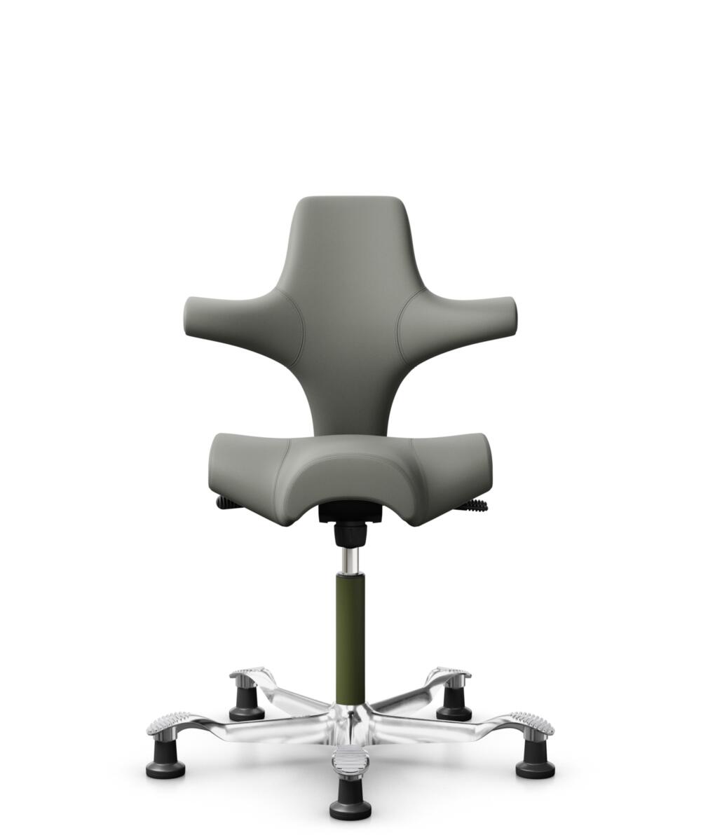 HÅG Capisco 8106 - Paloma Soft (Wollsdorf) - Semi-aniline Leder - PL55115 Warm grey - Framekleur - Moss Grey - Gasveer - 150 mm (Zithoogte 40-55cm) - Vloercontact - Glijdoppen - Voetenring - Nee, geen voetenring - Voetster - Ja, voetster in gepolijst a... - 2