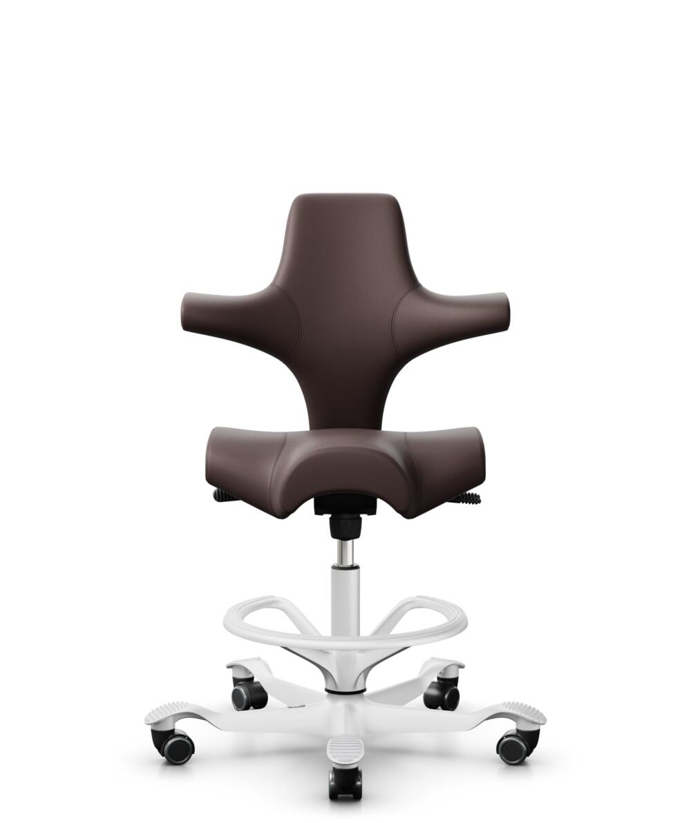 HÅG Capisco 8106 - Paloma Soft (Wollsdorf) - Semi-aniline Leder - PL55130 Dark brown - Framekleur - Wit - Gasveer - 265 mm (Zithoogte 53-79cm) - Vloercontact - Harde wielen t.b.v. zachte vloeren - Voetenring - Ja, in framekleur - Voetster - Nee, voetst... - 3