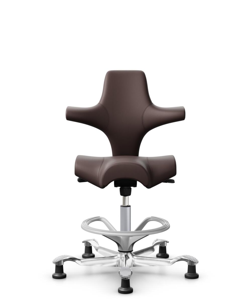 HÅG Capisco 8106 - Paloma Soft (Wollsdorf) - Semi-aniline Leder - PL55130 Dark brown - Framekleur - Zilver - Gasveer - 265 mm (Zithoogte 53-79cm) - Vloercontact - Glijdoppen - Voetenring - Ja, in framekleur - Voetster - Ja, voetster in gepolijst aluminium - 3