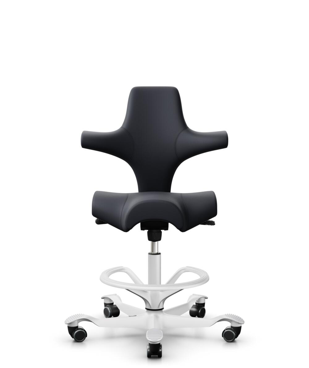 HÅG Capisco 8106 - Paloma Soft (Wollsdorf) - Semi-aniline Leder - PL55185 Charcoal - Framekleur - Wit - Gasveer - 200 mm (Zithoogte 46-64cm) - Vloercontact - Zachte wielen t.b.v. harde vloeren - Voetenring - Ja, in framekleur - Voetster - Nee, voetster... - 3