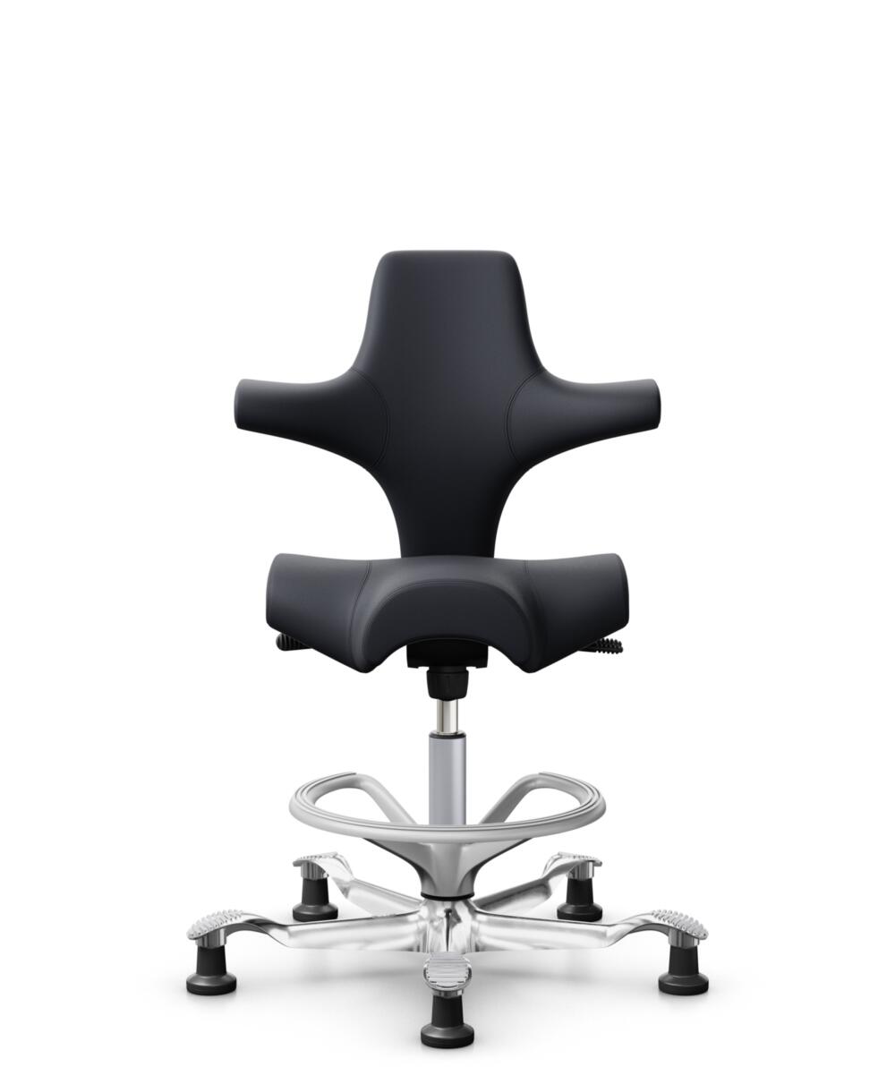 HÅG Capisco 8106 - Paloma Soft (Wollsdorf) - Semi-aniline Leder - PL55185 Charcoal - Framekleur - Zilver - Gasveer - 200 mm (Zithoogte 46-64cm) - Vloercontact - Glijdoppen - Voetenring - Ja, in framekleur - Voetster - Ja, voetster in gepolijst aluminium - 3