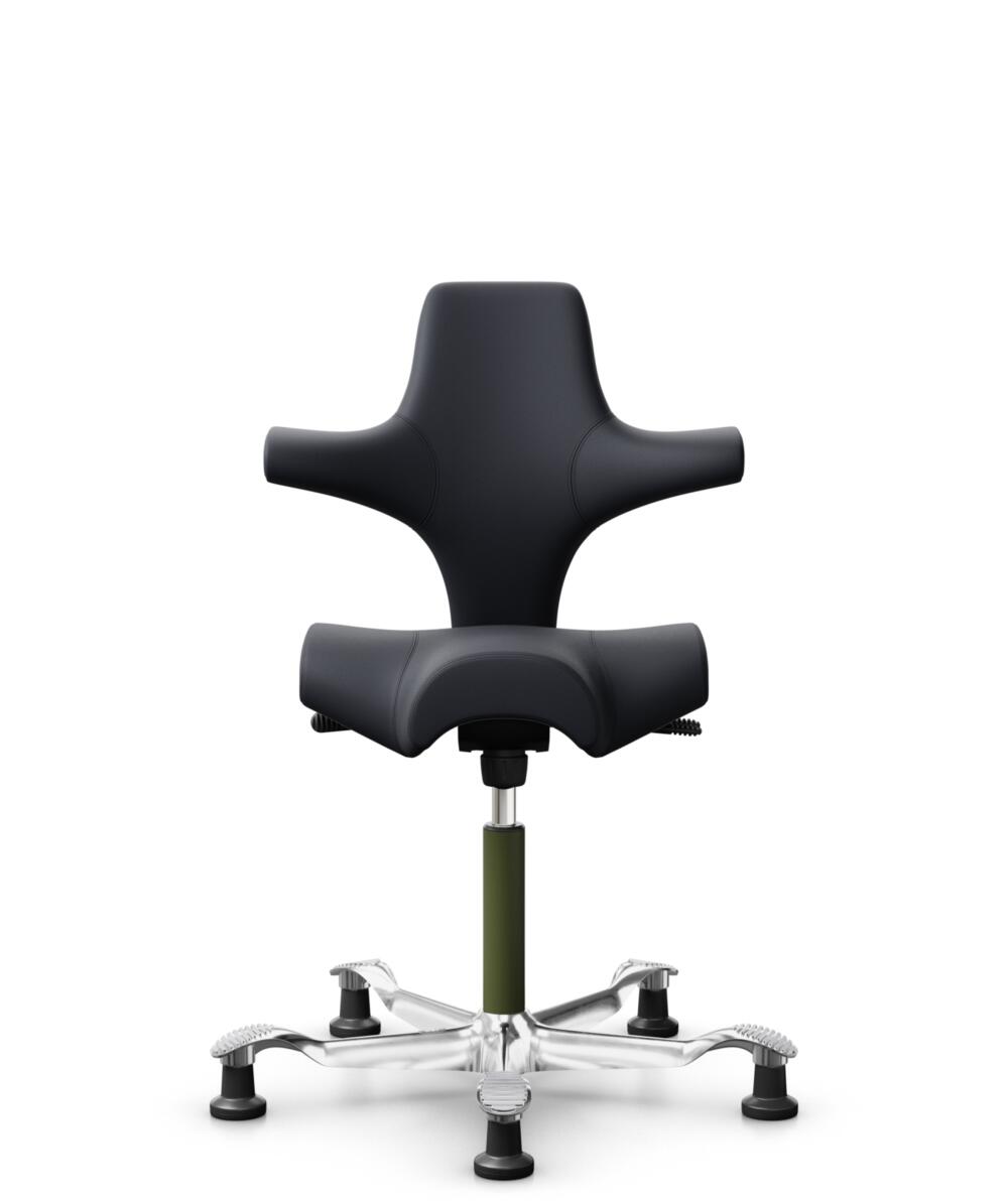 HÅG Capisco 8106 - Paloma Soft (Wollsdorf) - Semi-aniline Leder - PL55185 Charcoal - Framekleur - Moss Grey - Gasveer - 150 mm (Zithoogte 40-55cm) - Vloercontact - Glijdoppen - Voetenring - Nee, geen voetenring - Voetster - Ja, voetster in gepolijst al... - 2
