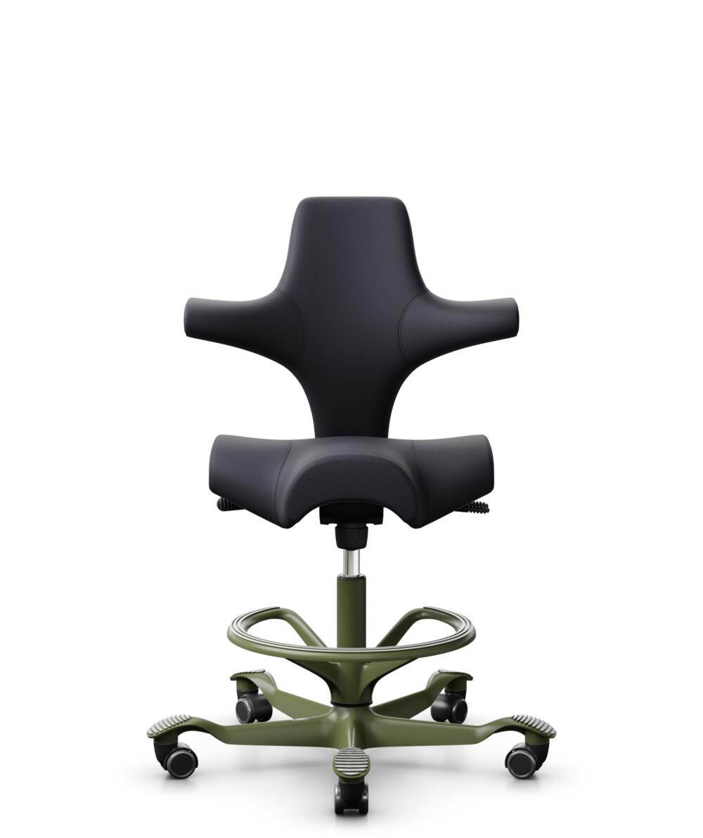 HÅG Capisco 8106 - Paloma Soft (Wollsdorf) - Semi-aniline Leder - PL55185 Charcoal - Framekleur - Moss Grey - Gasveer - 265 mm (Zithoogte 53-79cm) - Vloercontact - Harde wielen t.b.v. zachte vloeren - Voetenring - Ja, in framekleur - Voetster - Nee, vo... - 2