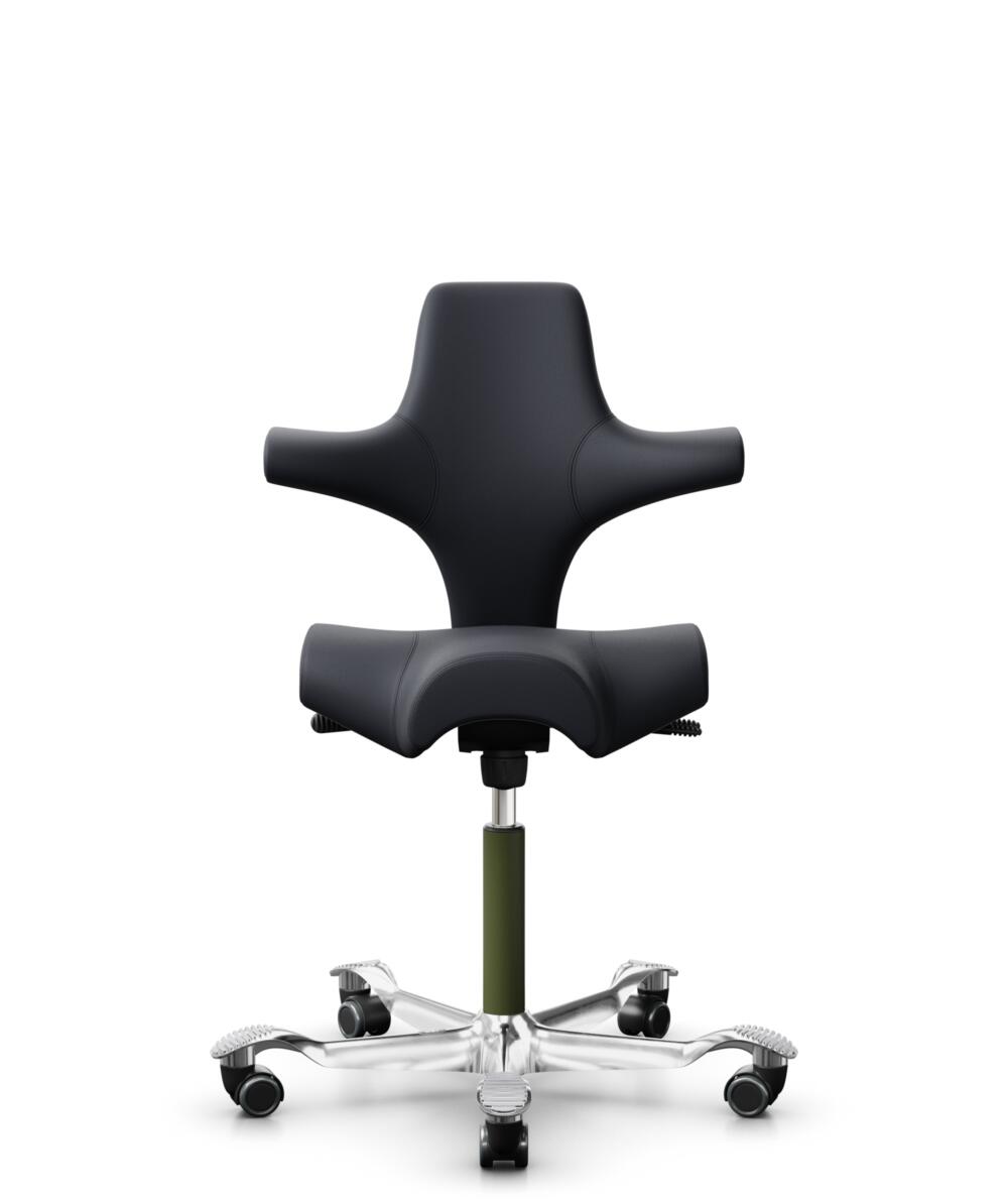 HÅG Capisco 8106 - Paloma Soft (Wollsdorf) - Semi-aniline Leder - PL55185 Charcoal - Framekleur - Moss Grey - Gasveer - 265 mm (Zithoogte 53-79cm) - Vloercontact - Zachte wielen t.b.v. harde vloeren - Voetenring - Nee, geen voetenring - Voetster - Ja, ... - 1