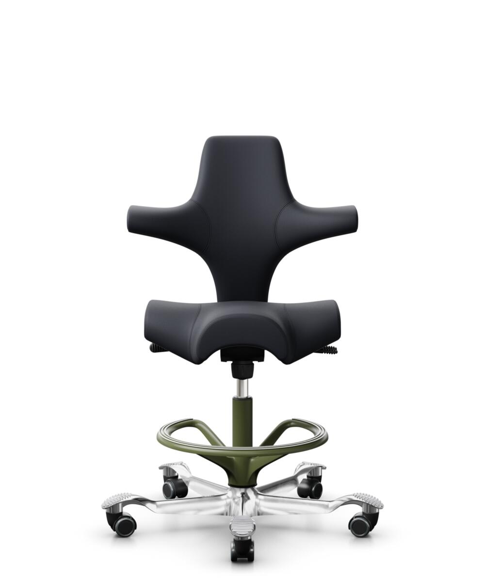 HÅG Capisco 8106 - Paloma Soft (Wollsdorf) - Semi-aniline Leder - PL55185 Charcoal - Framekleur - Moss Grey - Gasveer - 265 mm (Zithoogte 53-79cm) - Vloercontact - Zachte wielen t.b.v. harde vloeren - Voetenring - Ja, in framekleur - Voetster - Ja, voe... - 3