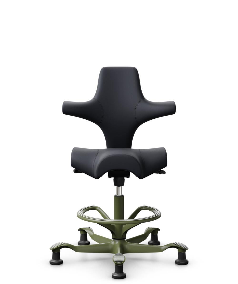 HÅG Capisco 8106 - Paloma Soft (Wollsdorf) - Semi-aniline Leder - PL55185 Charcoal - Framekleur - Moss Grey - Gasveer - 265 mm (Zithoogte 53-79cm) - Vloercontact - Glijdoppen - Voetenring - Ja, in framekleur - Voetster - Nee, voetster in framekleur - 3