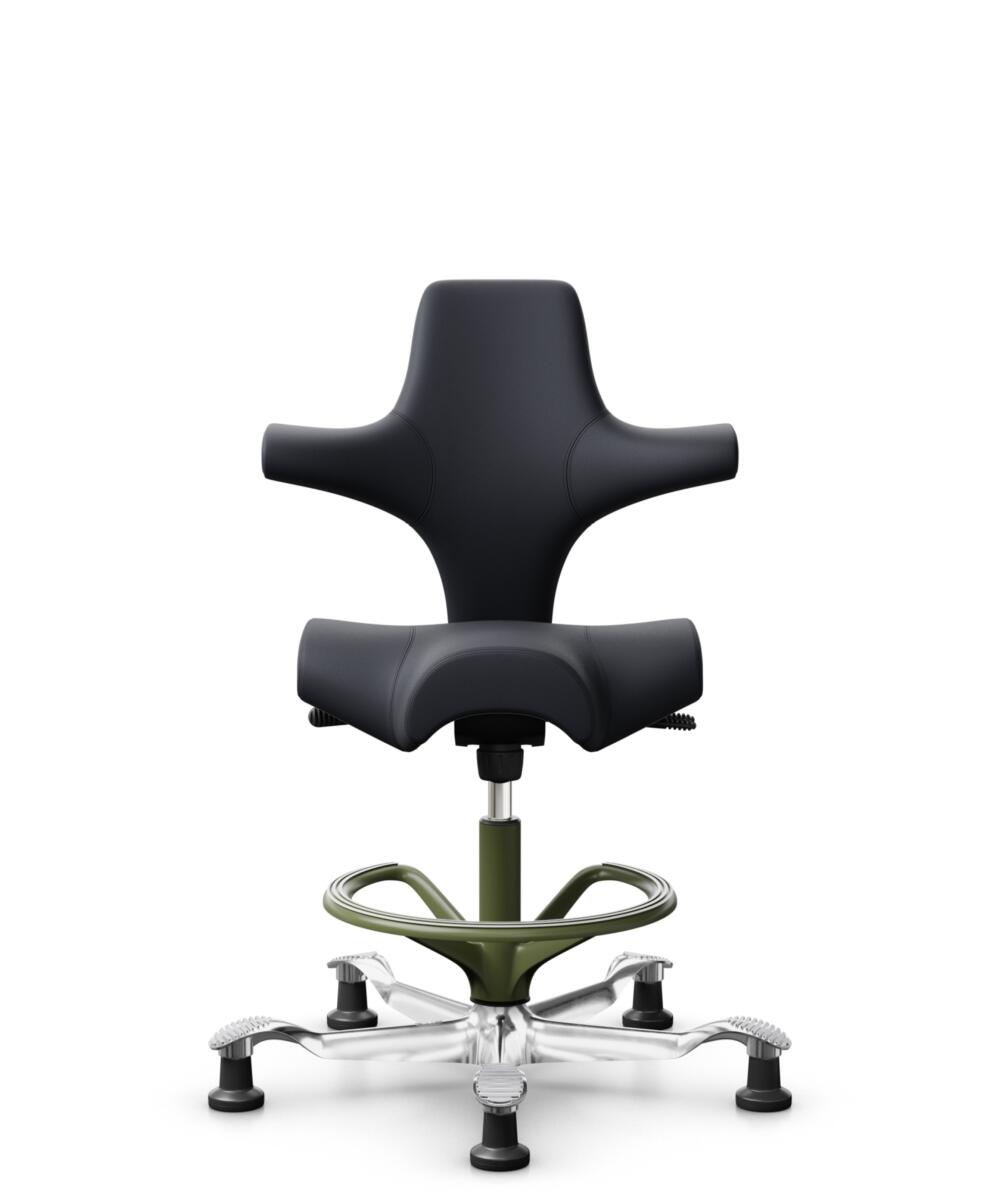 HÅG Capisco 8106 - Paloma Soft (Wollsdorf) - Semi-aniline Leder - PL55185 Charcoal - Framekleur - Moss Grey - Gasveer - 265 mm (Zithoogte 53-79cm) - Vloercontact - Glijdoppen - Voetenring - Ja, in framekleur - Voetster - Ja, voetster in gepolijst alumi... - 1
